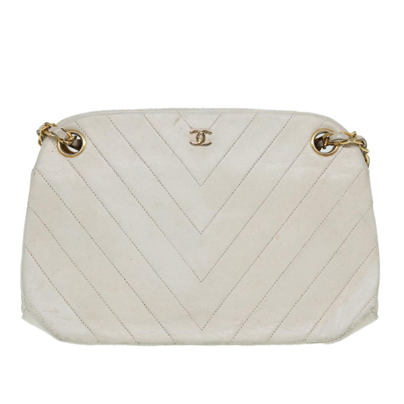 CHANEL V Stitch Chain Hand Bag Leather White CC Auth yk14103 - Picture 13 of 16